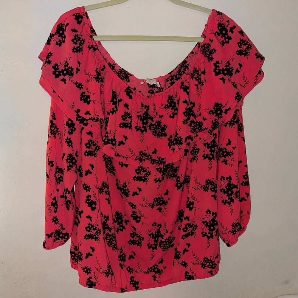 Michael Michael Kors Off Shoulder Ruffle Top – Geranium Floral Butterfly 2XL